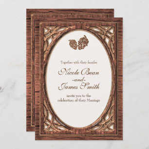 Rustic Woodsy Pine Cone Two Tone Wood Invitations