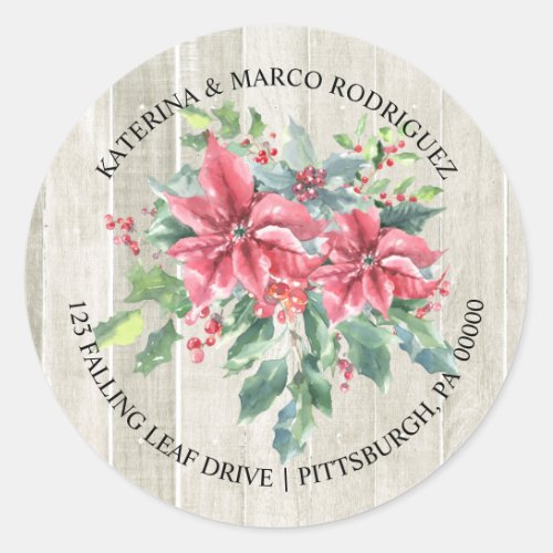 Rustic Woodsy Poinsettia Holiday Return Address  Classic Round Sticker