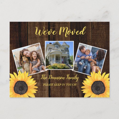 Rustic Woodsy Sunflower Weve Moved Moving Photo A Announcement Postcard