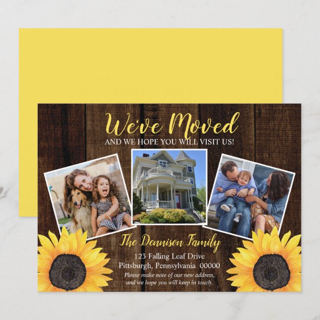 Rustic Woodsy Sunflower We've Moved Moving Photo Announcement (Front/Back)