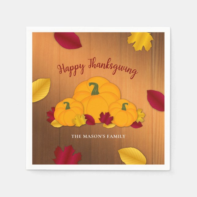 Rustic Woodsy Thanksgiving Pumpkins & Fall Leaves Napkins (Front)