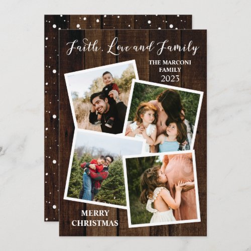 Rustic Woodsy Wood Faith Love and Family 4 Photo  Holiday Card