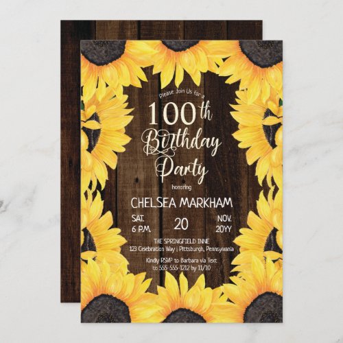 Rustic Woodsy Wood Sunflowers 100th Birthday Party Invitation