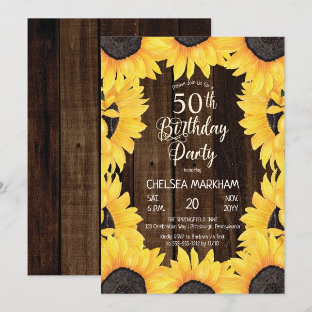 Rustic Woodsy Wood| Sunflowers 50th Birthday Party Invitation (Front/Back)