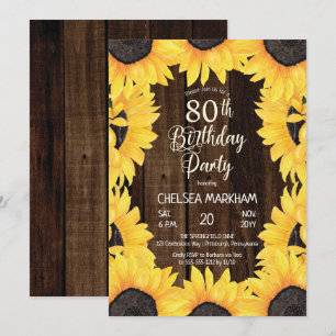 Rustic Woodsy Wood Sunflowers 80th Birthday Party Invitation