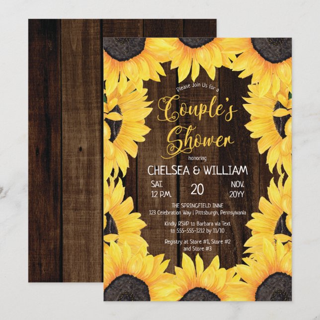 Rustic Woodsy Wood | Sunflowers Couple's Shower Invitation (Front/Back)