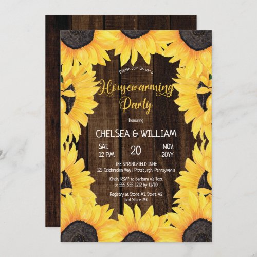 Rustic Woodsy Wood  Sunflowers Housewarming Party Invitation