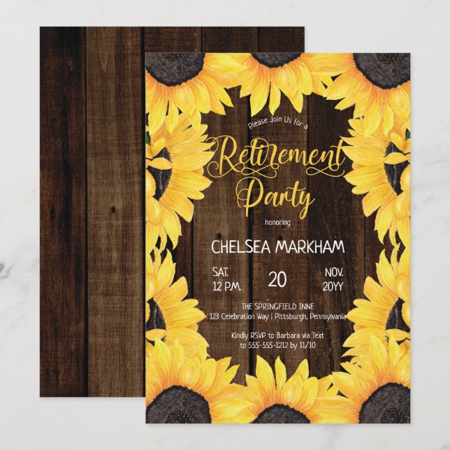 Rustic Woodsy Wood | Sunflowers Retirement Party Invitation (Front/Back)