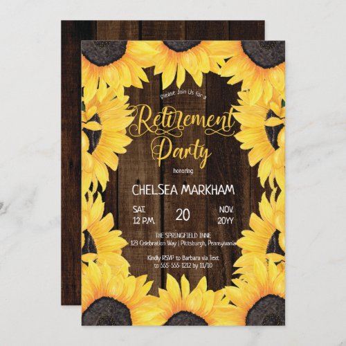 Rustic Woodsy Wood  Sunflowers Retirement Party Invitation