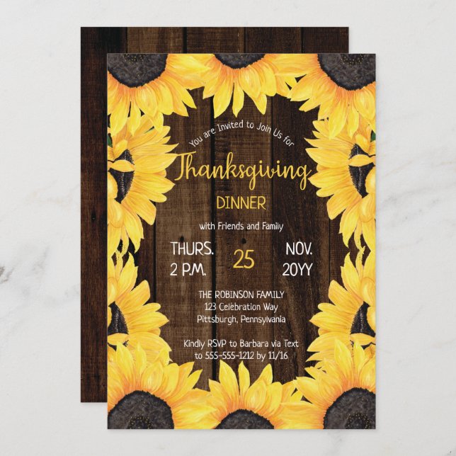 Rustic Woodsy Wood |Sunflowers Thanksgiving Dinner Invitation (Front/Back)