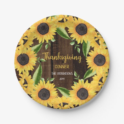 Rustic Woodsy Wood Sunflowers Thanksgiving Dinner Paper Plates