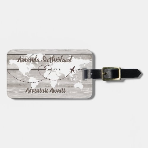 rustic Word Map Adventure Await Custom name Luggage Tag