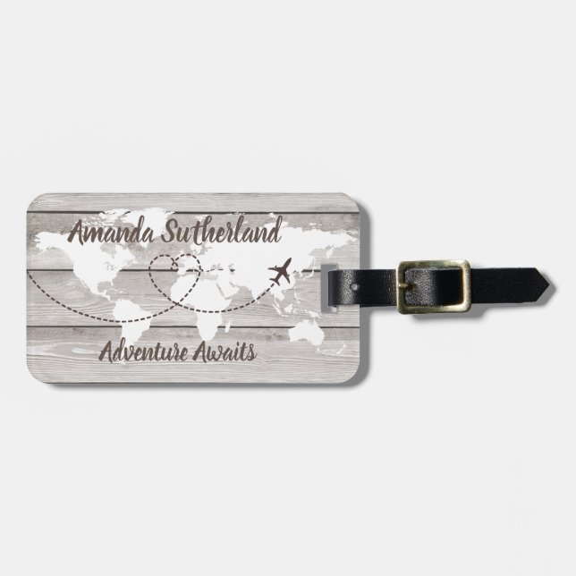 rustic Word Map Adventure Await Custom name Luggage Tag (Front Horizontal)