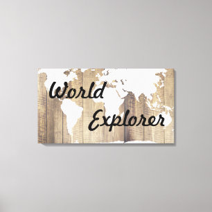 Rustic World Explorer White World Map Wood Planks Canvas Print