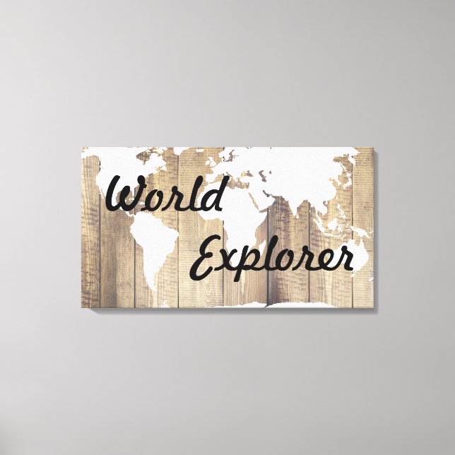 Rustic World Explorer White World Map Wood Planks Canvas Print (Front)