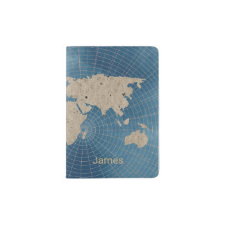 Rustic World Map on Grid Passport Holder