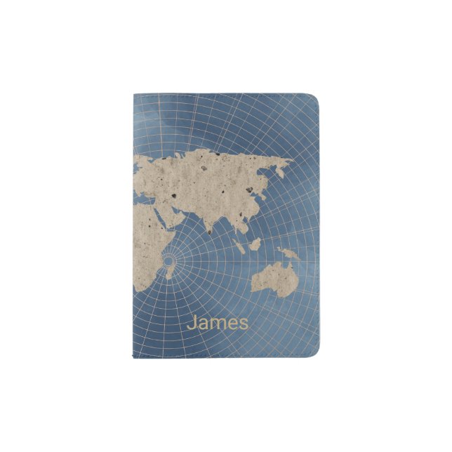 Rustic World Map on Grid Passport Holder (Front)