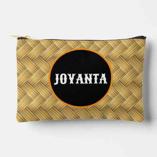 Rustic Woven Bamboo Pattern Custom Name Accessory Pouch