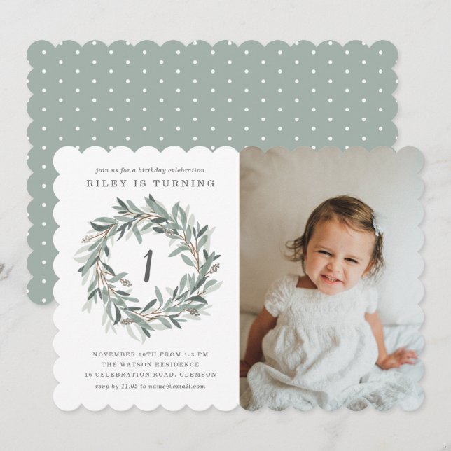 Rustic Wreath 1st Birthday Party Invitation (Front/Back)