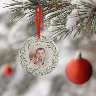 Rustic Wreath 1st Christmas as Grandparent 2 Photo Ceramic Ornament