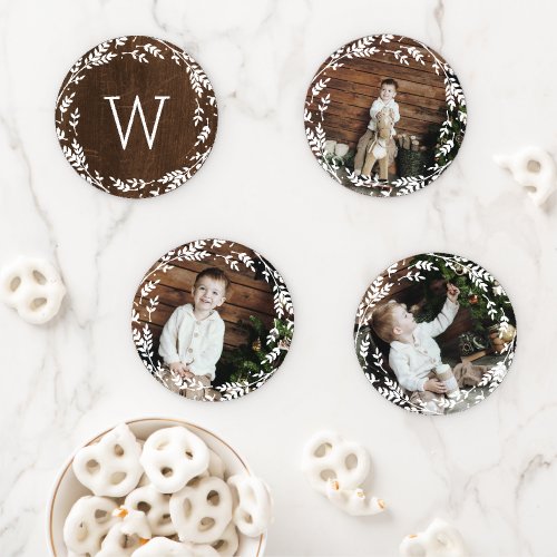 Rustic Wreath 3 Photo and Monogram Coaster Set