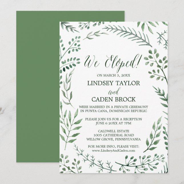 Rustic Wreath and Green Leaves Elopement Reception Invitation (Front/Back)