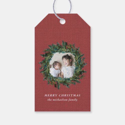 Rustic Wreath and Red Faux Burlap Photo Christmas Gift Tags