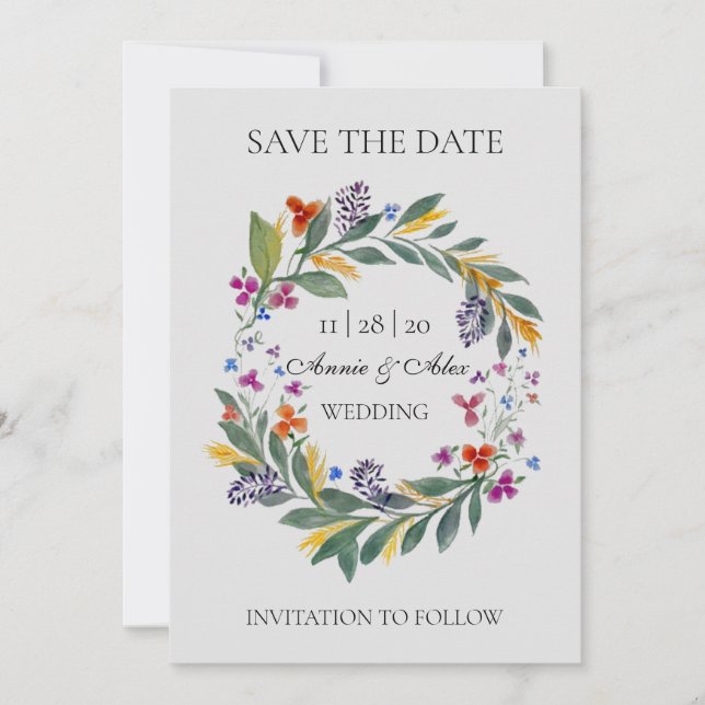 Rustic Wreath Autumn Watercolor Wedding Save The Date (Front)