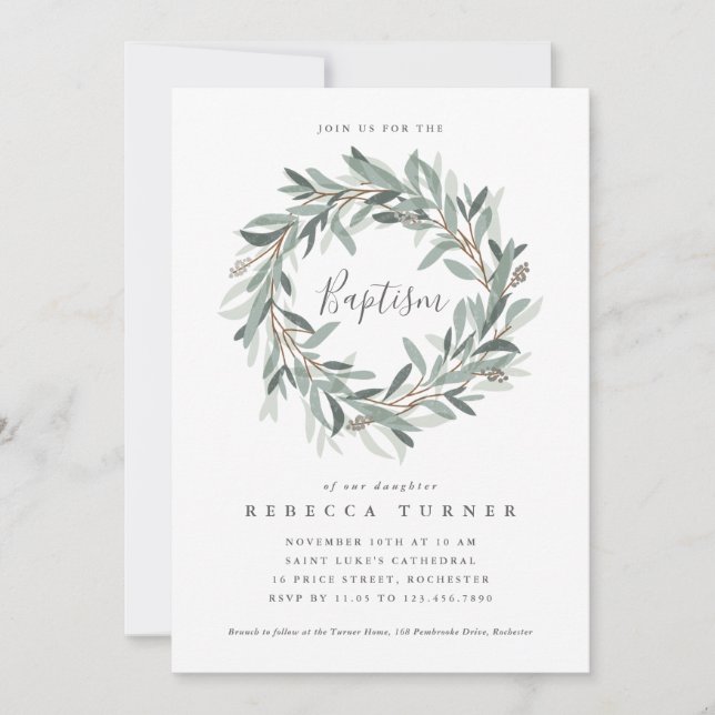 Rustic wreath baptism invitation (Front)