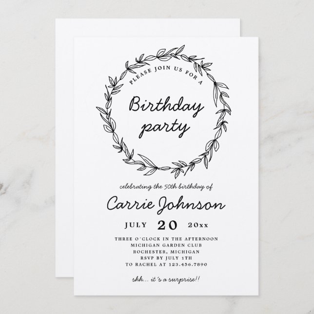 Rustic wreath birthday party invitation (Front/Back)