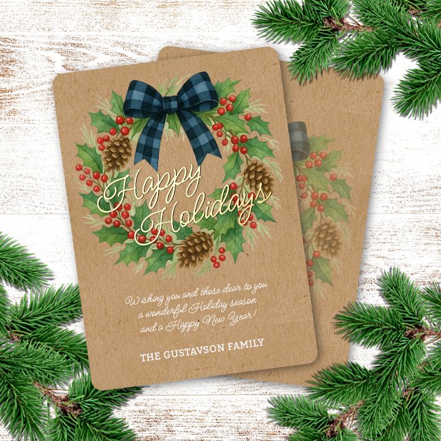 Rustic Wreath Blue Black Checkered Bow Gold Foil Holiday Card (Creator Uploaded)