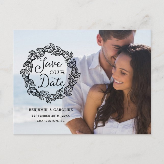 Rustic Wreath | Calligraphy Photo Save the Date Announcement Postcard (Front)