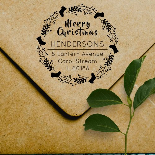 Rustic Wreath Chic Script Christmas Return Address Rubber Stamp