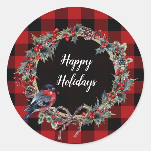 Rustic Wreath Christmas Holiday Red Buffalo Plaid Classic Round Sticker