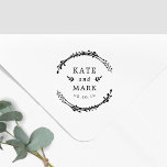 Rustic Wreath Couple Names Wedding Save the Date Rubber Stamp<br><div class="desc">Custom-designed wedding Save the Date stamp featuring hand-drawn botanical wreath,  leaves and branches ornaments. Personalize with bride and groom's names and wedding date. Perfect for rustic and boho themed weddings.</div>