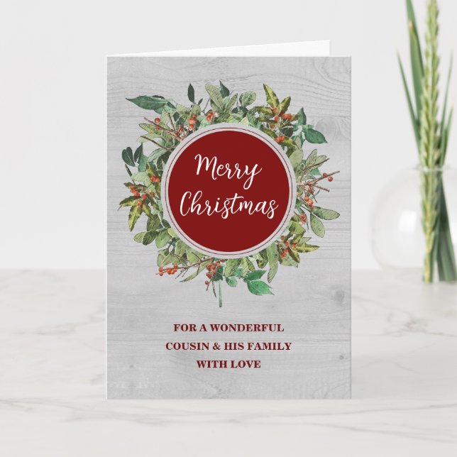 Rustic Wreath Cousin & Family Merry Christmas Card (Front)