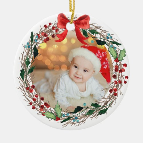 Rustic Wreath Custom Photo Silver Bells and Holly Ceramic Ornament