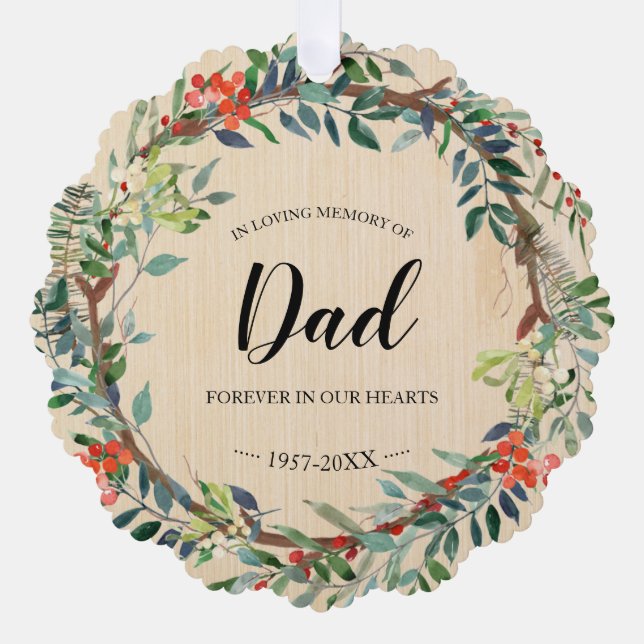 Rustic Wreath Dad Memorial Ornament Card (Front)