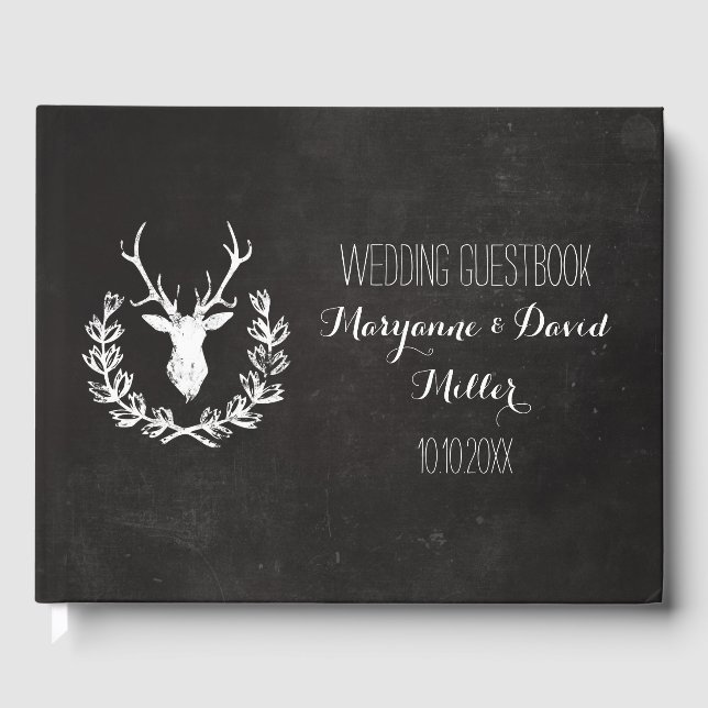 Rustic Wreath Deer Chalkboard Wedding Guest Book (Front)