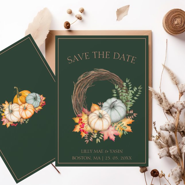 Rustic Wreath Emerald Green Autumn Wedding Save The Date (Creator Uploaded)