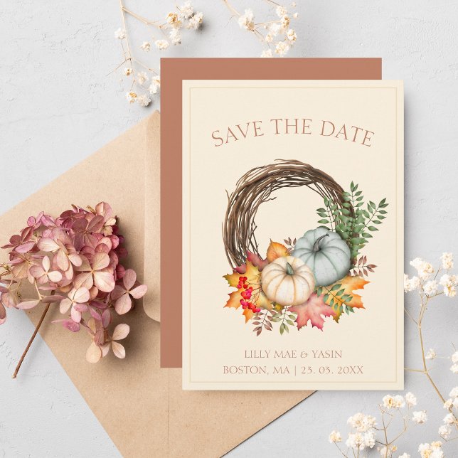 Rustic Wreath Fall Pumpkin Save The Date Card (Creator Uploaded)