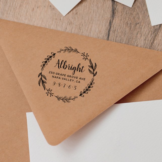 Rustic Wreath Family Name & Budget Return Address Rubber Stamp (Creator Uploaded)