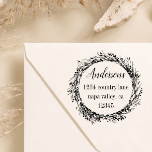 Rustic Wreath Family Name Return Address Rubber Stamp