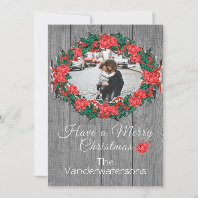 Rustic Wreath Family Photo Gray Wood roses Holiday Card (Front)