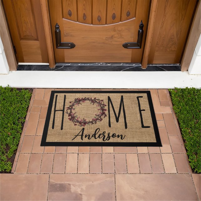 Rustic Wreath Faux Burlap Home Family Name Doormat (Outdoor)