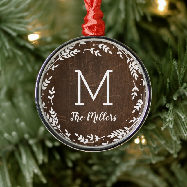 Rustic Wreath Faux Wood Family Monogram Metal Ornament (Tree)