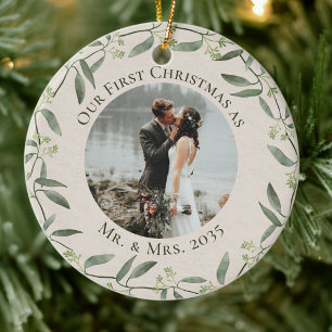 Rustic Wreath First Christmas as Mr & Mrs 2 Photo Ceramic Ornament