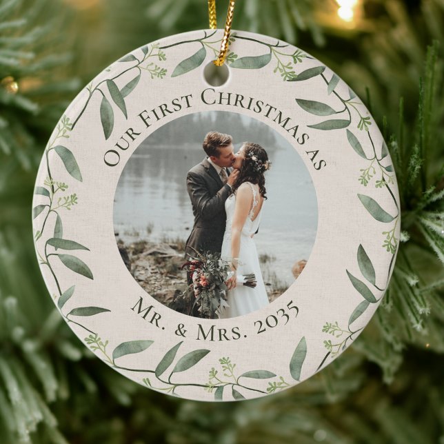 Rustic Wreath First Christmas as Mr & Mrs 2 Photo Ceramic Ornament (Creator Uploaded)