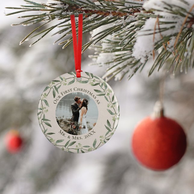 Rustic Wreath First Christmas as Mr & Mrs 2 Photo Ceramic Ornament (Creator Uploaded)