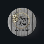 Rustic Wreath Floral Glitter Wedding  Button<br><div class="desc">On a rustic gray wood backdrop are glittery gold drops raining down  on an elegant gold floral hibiscus wreath where you can customize it creating romantic farmhouse chic.  Part of the stylish trendy wedding gifts collection.</div>